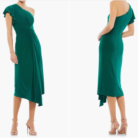 MAC DUGGAL 12480 ONE SHOULDER MIDI EMERALD GREEN DRESS sz 12 - Picture 1 of 5